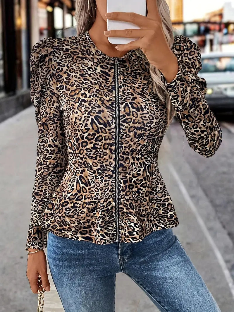 Ivy – Elegante chaqueta con mangas abullonadas y estampado de leopardo