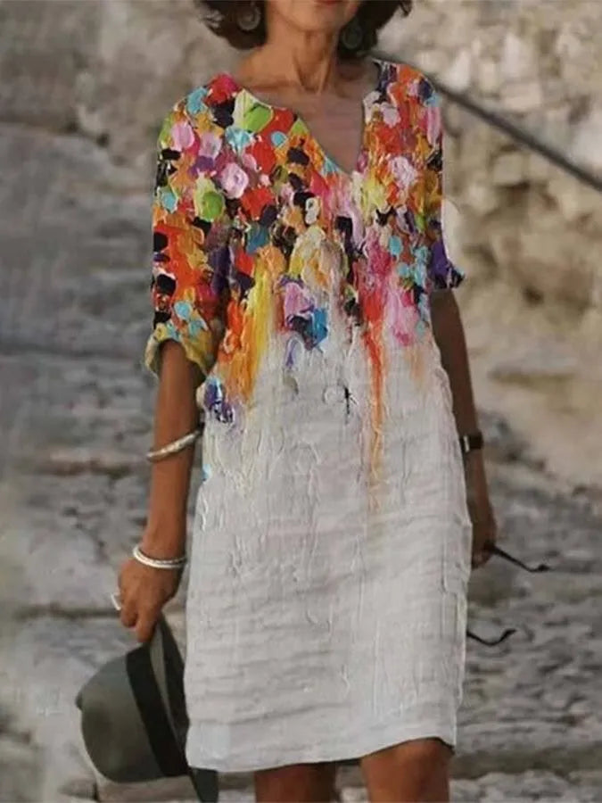 Frida - Vestido de mujer de lino de algodón con escote y estampado de pintura al óleo