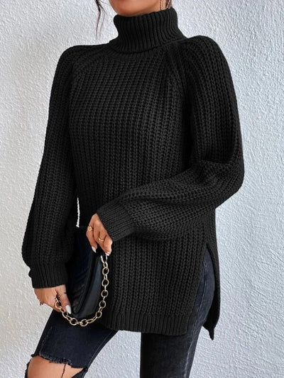 Nicole - Suéter Negro de Manga Larga de Cuello Alto de Tortuga Slouchy Ribbed