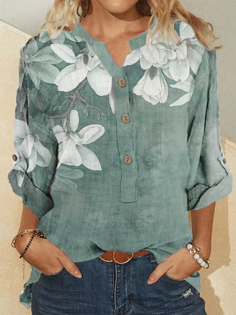 Camisa de cuello alto de algodón con bordado floral para mujer