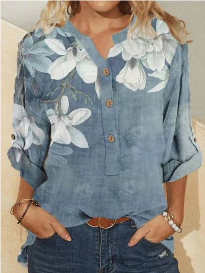 Camisa de cuello alto de algodón con bordado floral para mujer