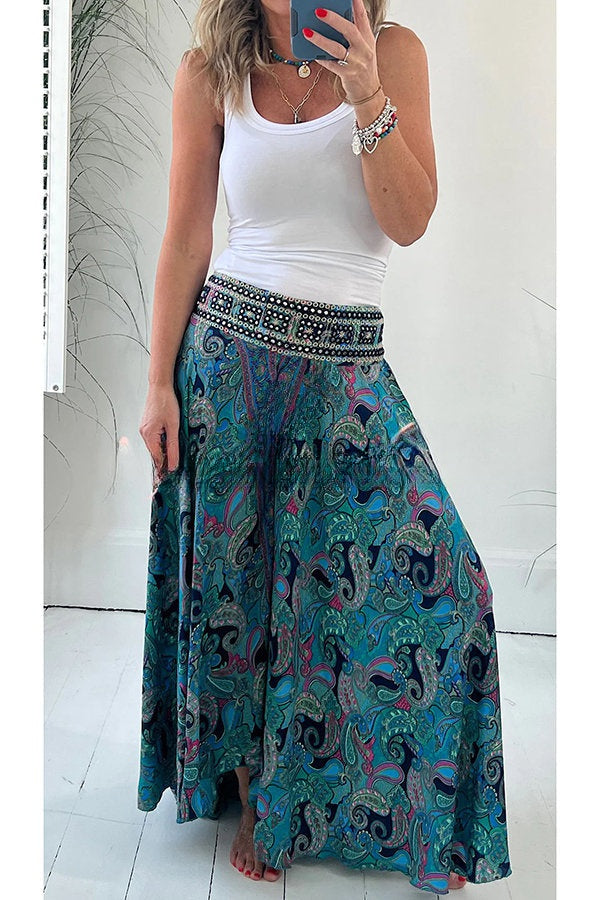 Pantalones ligeros con bolsillo y cintura elástica con estampado étnico de cachemira