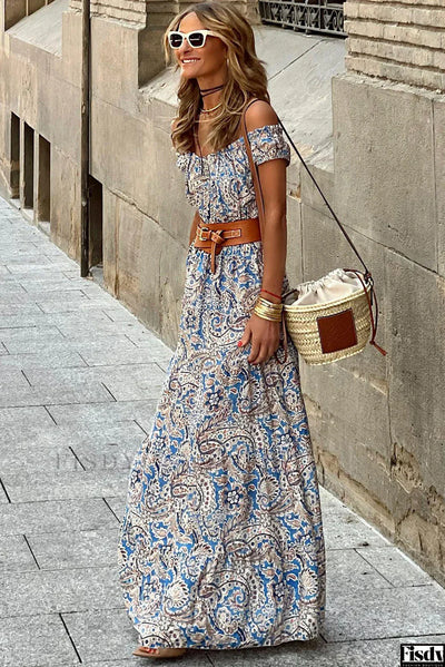 Carolina - Vestido Largo Vibrante con Hombros Descubiertos en azul con Estampado Boho Paisley