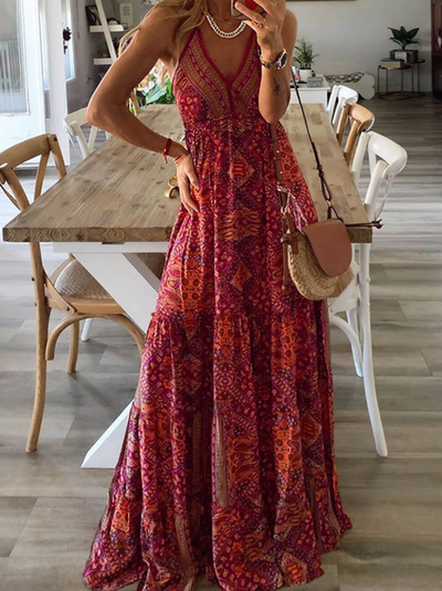 Amira - Vestido maxi de talle alto con estampado floral y escote en V