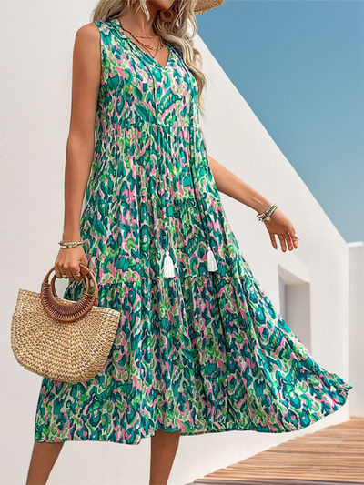 Camila - Vestido midi verde azulado con estampado abstracto para los festivales de verano