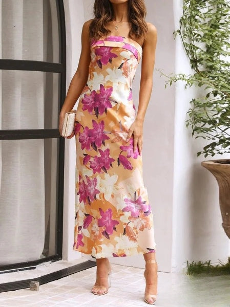 Elena - Vestidos de mujer Vestido largo ajustado bandeau con estampado floral