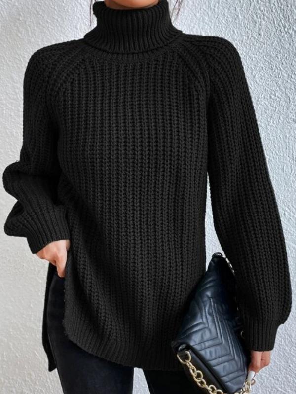 Nicole - Suéter Negro de Manga Larga de Cuello Alto de Tortuga Slouchy Ribbed