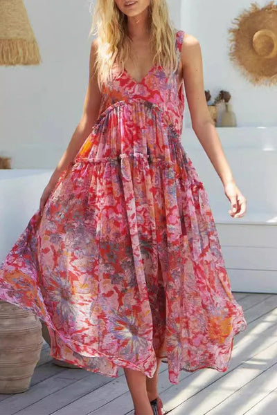 Irina - Vestidos casuales sin mangas con escote en V plegado floral