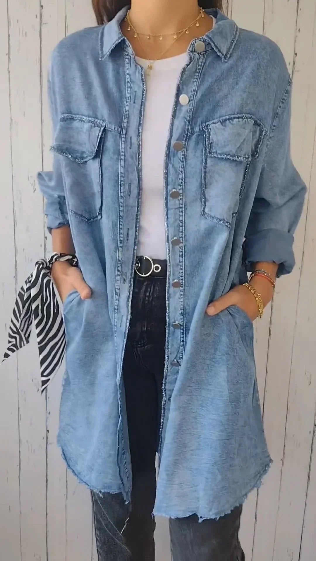 Lola - Faux Denim Cómodo Abrigo Largo Camisa