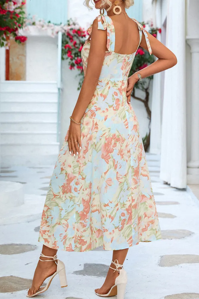 Berta - Vestido midi palabra de honor con tirantes y estampado floral