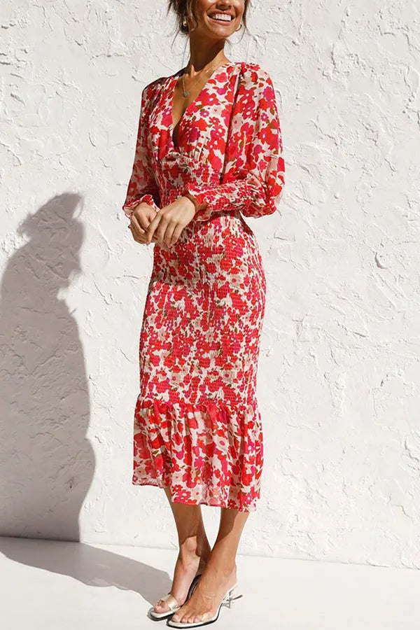 Noa - Vestido midi Fruncido con Manga obispo Floral