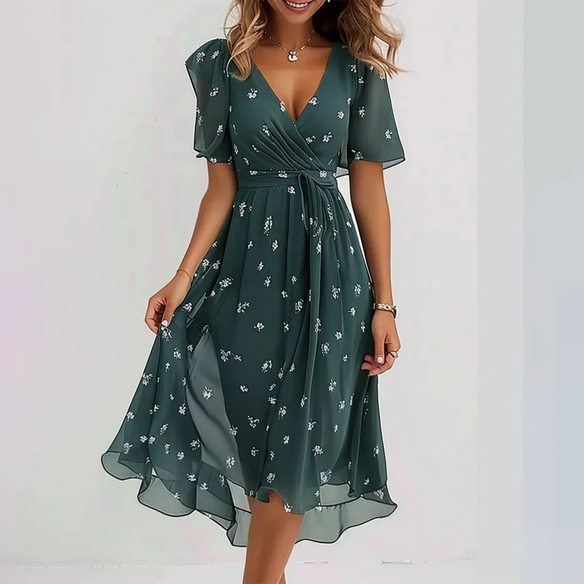 Malena - Elegante vestido midi verde de manga corta