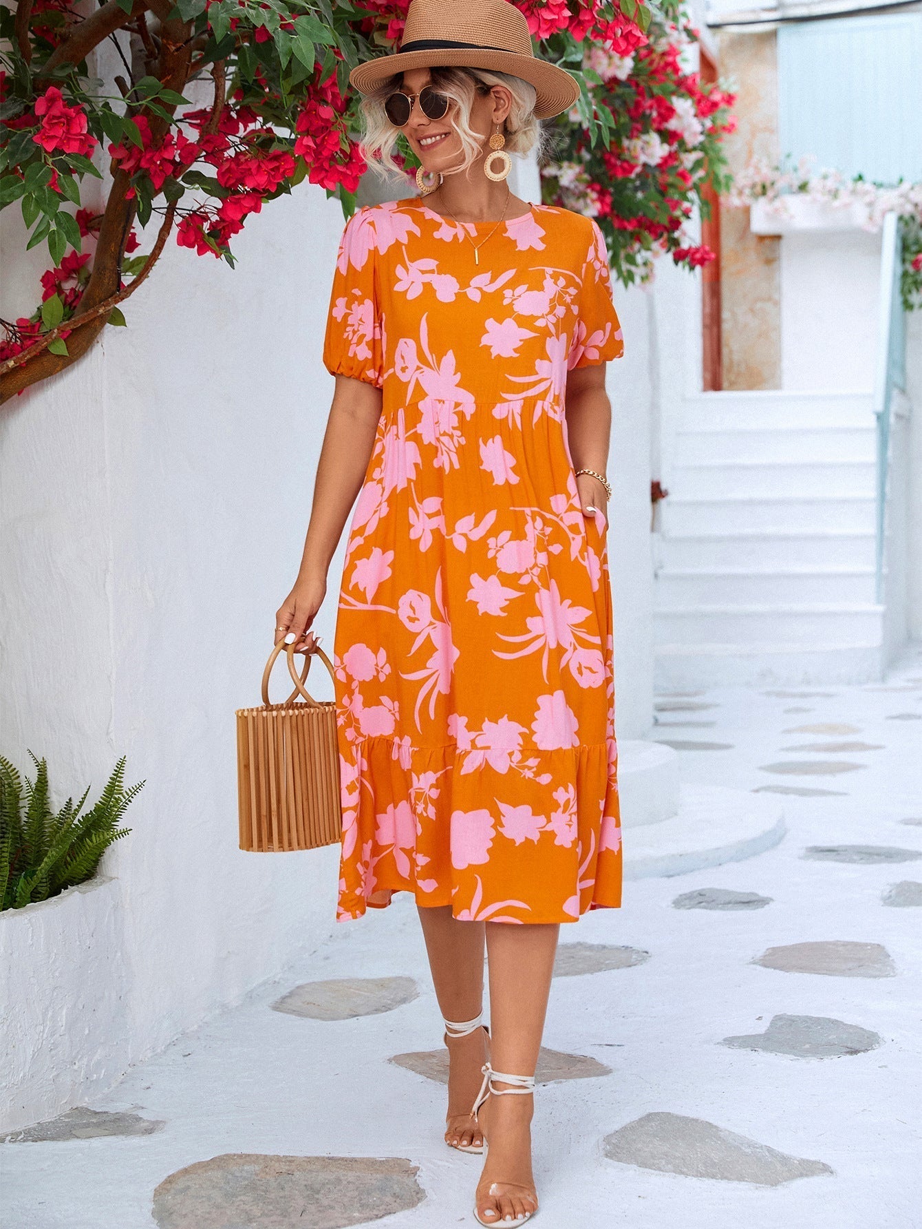 Noelia - Vestido midi floral con mangas abullonadas y dobladillo con volantes