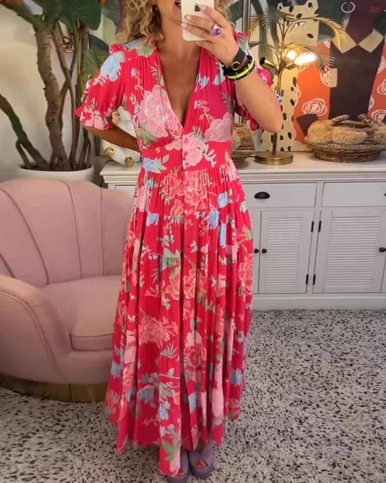 Delia - Vestido con cuello en V y estampado floral