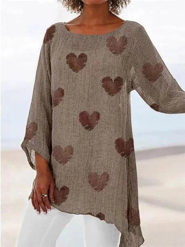 Colette - Camiseta de mujer de algodón y lino con estampado de corazones y cuello redondo