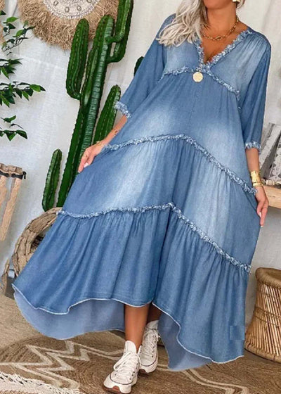 Lola - Vestido vaquero con cuello en V y detalles de borlas