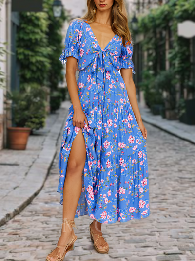 Karol - Vestido casual de playa con estampado floral, manga corta y cuello en V con abertura