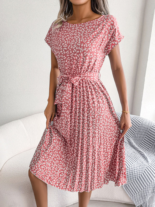 Angela - Vestido midi de escote redondo con estampado floral y cinturón en la cintura