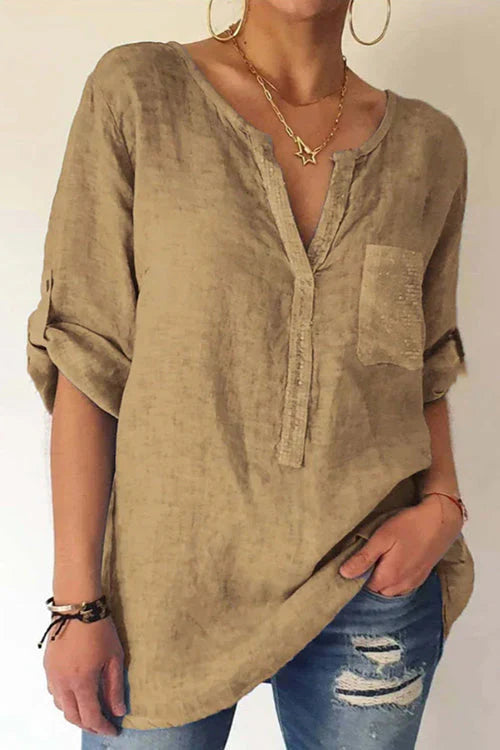 Shannon - Blusa con Cuello en V y Bolsillos de Lentejuelas