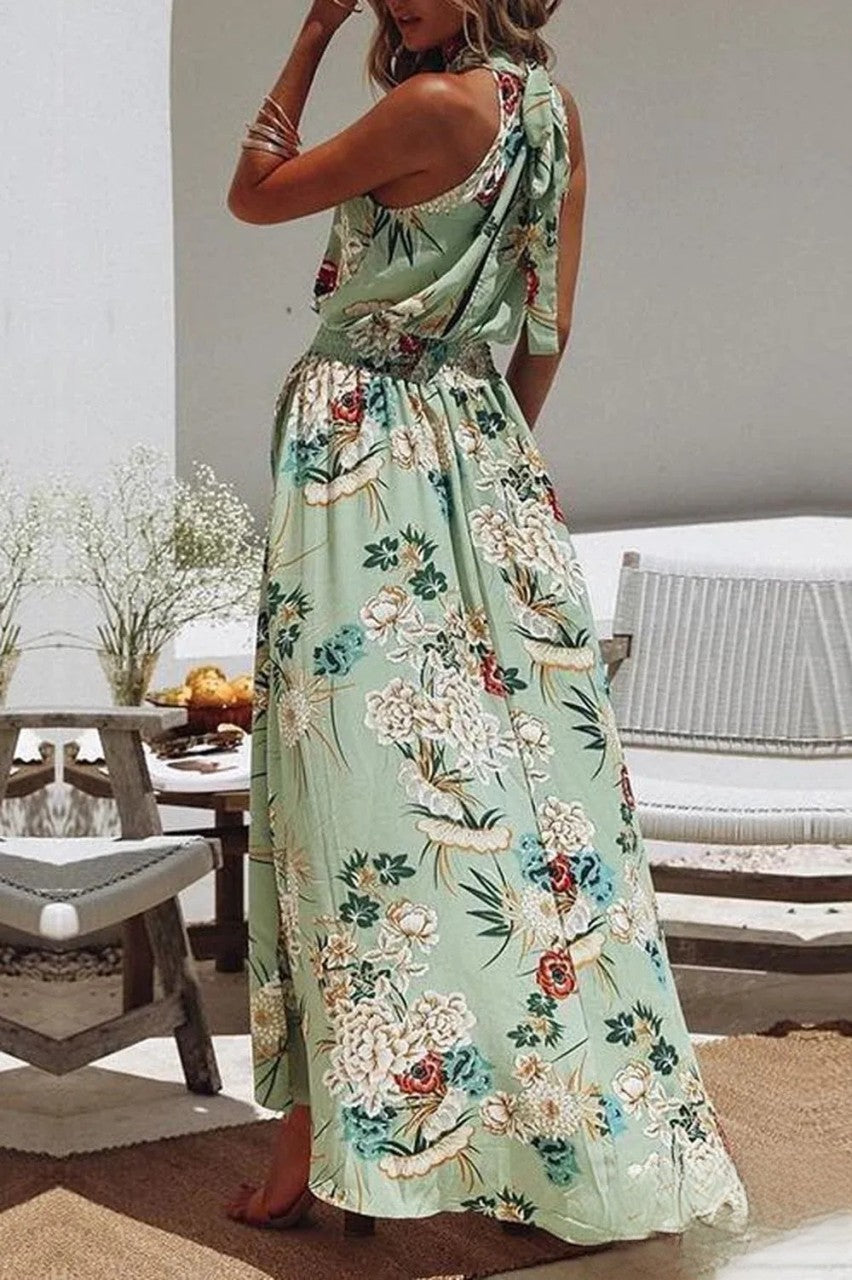 Berta - Vestido Verde Con Estampado Floral Y Cuello Redondo De Moda