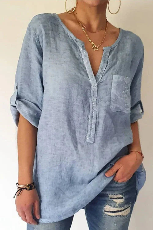 Shannon - Blusa con Cuello en V y Bolsillos de Lentejuelas