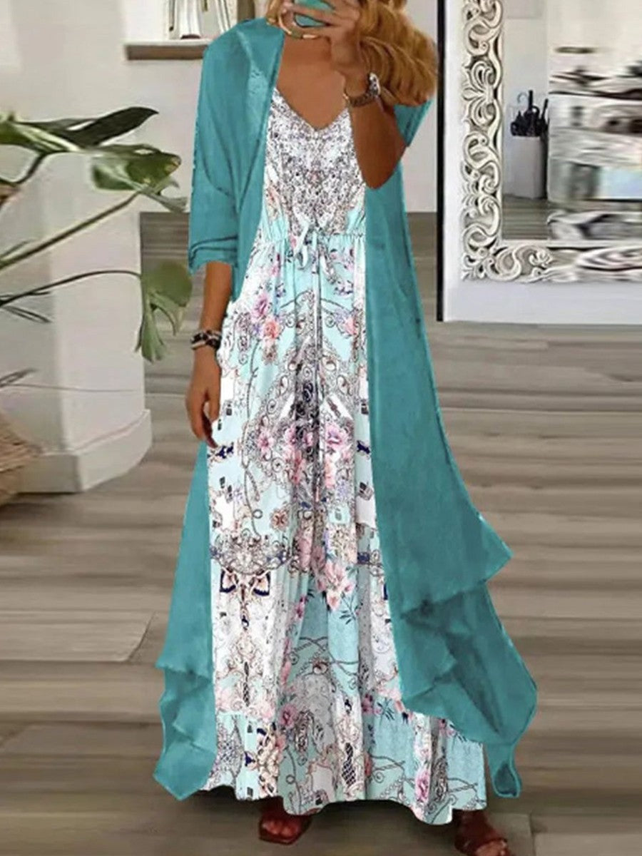 Andrea - Vestido maxi verde chic con abrigo exterior