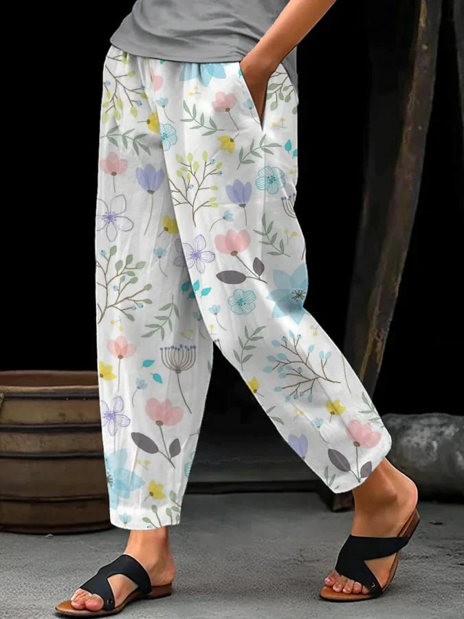 Fiona - Pantalones casuales sueltos de mujer con diseño floral y cintura elástica con cordones