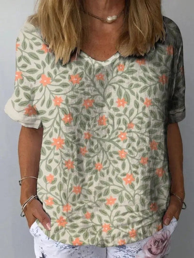 Aida - Camisa casual de mujer de algodón y lino con bonito diseño floral y estampado artístico